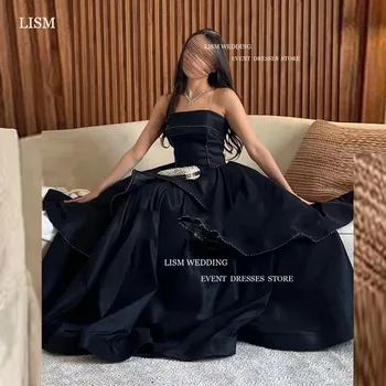 LISM Елегантни черни сатенени вечерни рокли с трапецовидна форма от Саудитска Арабия, дамски официални рокли без презрамки и с пластове волани с дължина до пода