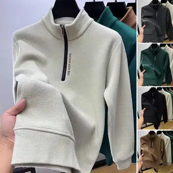 Висок клас марка, модерен пуловер с бродерия букви, мъжки пуловер 2023, есен-зима, нова тенденция, всекидневни пуловер с висока яка с цип наполовина