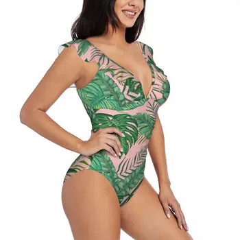 Дамски цял бански с тропически зелени листа, секси бански костюм с рюшами, Лятна плажно облекло, бански костюм за отслабване