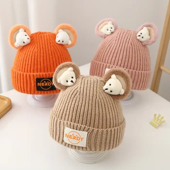 Есенно-зимни детски вълнена шапка в корейски стил с сладък мечок за момичета, детски вязаная топла шапка, пуловер за момчета, модна шапка за момчета