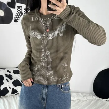 Женска тениска с дълги ръкави в стил ретро, новост есента 2023, секси прилепнали плетени блузи с кръгло деколте, универсални капаци в ретро стил