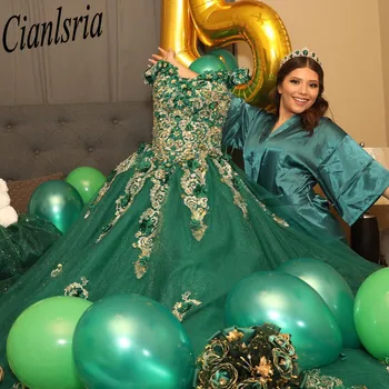Зелени тучни рокля с открити рамене, тюлевые дантелени апликации рокля за бала, Vestido De 15 Anos, Уважаеми бална рокля, расшитое мъниста