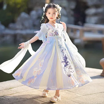 Китайското традиционно синя рокля с бродерия на цветя за момичета, народен костюм от епохата на Тан, дрехи за изпълнения на феи, Древния костюм на Ханфу