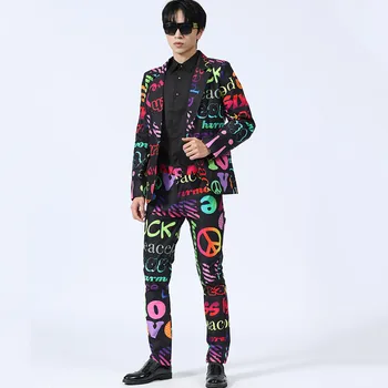 Костюм в корейски стил с писмото принтом за изяви в бара, оборудвана сако, панталони, комплект от 2 теми, подходящи за партита на фото студио