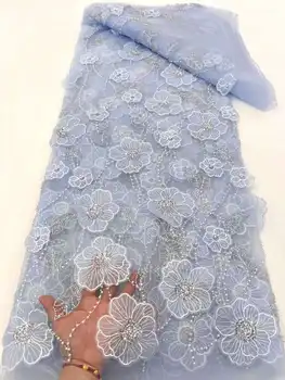 Луксозна Африканска 3D плат с бродерия на цветя, тюлевое дантела, Френски сини пайети, бродирани мъниста Плат за шивашки сватбена рокля, от плат за сватба