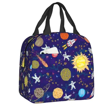Мультяшная Космическа планета с Ракета, Термоизолированная чанта за обяд, Женски космически кораб Астронавти, Преносим обяд-бокс за деца, чанти за училище хранене