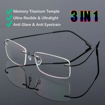 Мъжки слънчеви очила за четене без рамки FG Титан със защита от синя светлина, гъвкави рамки с ефект на паметта, очила за старческо + 1,0 - + 4,0