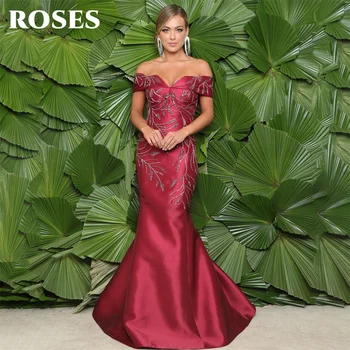 Рокля за специални случаи от рози с открити рамене Бордовое вечерна рокля С дълги ръкави и пайети Вечерни рокли по поръчка vestidos de fiesta