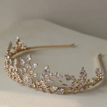 Сватбена диадема, превръзка на главата, Аксесоари за сватбената корона от лъскави цирконий, дамски лента за коса от меден лист, украса за коса