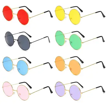 1БР Ретро диско Хипи Кръгли слънчеви очила За жени на Мъжки Кръгли очила Метални слънчеви очила Модерен Очила за дискотека и партита