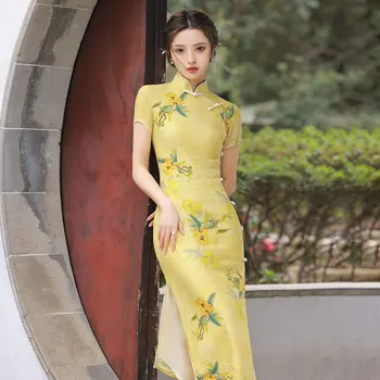2023 Нови Дамски Летни Младежки Елегантни рокли от Висок клас На Всеки ден В Ретро стил Република Китай Жълт Дълъг Китайски стил Рокли