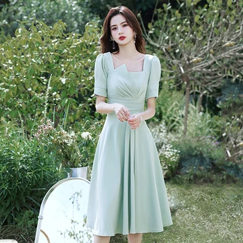 2023 Ново Коктейл Зелена рокля Fresh, сексуална празнична рокля с квадратна деколте и ръкав-балон, китайски традиционни дрехи за домакините Рокли