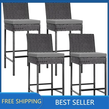 4 опаковки улично плетеного бар стол за сядане от ратан Мебели за двор с възглавници черен цвят