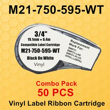 50PK, съвместим с Брейди BMP21-Plus M21-750-595 19.1 лентата за касета с винил етикети BMP21 черен цвят на бял 3/4 инча-ЛАБОРАТОРЕН принтер за етикети