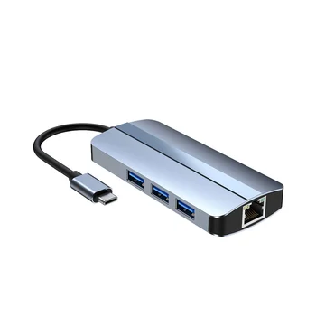 6-В-1 C USB Хъб Докинг станция Type C USB hub USB3.0 RJ-45 1000 Mbps четец на карти SD TF PD Зарядно устройство с мощност 100 W, съвместимо с HDMI