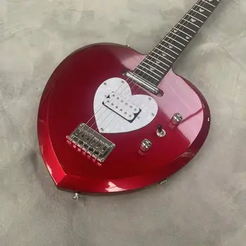6-струнен разъемная електрическа китара във формата на сърце, сребристо-розово-червен корпус, открит звукосниматель fretboard от розово дърво, бял перламутровая подплата, равна dr