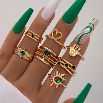 Docona Имитация на Смарагд, вградени Слънчева светлина, Комплект пръстени за такива Дланта, Набор от женски пръстени в метален стил от седем