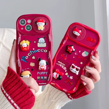 Sanrio 3D Hello Kitty Pochacco с Разтегателен Прозорец Калъф За Телефон iPhone 15 14 13 12 11 Pro Max Plus Твърда Задна капачка със защита от падане
