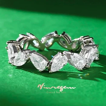 Vinregem Пръстен с имитация на сапфир крушовидна диаманти 3*5 мм за жени, годежен пръстен от 100% 925 сребро, бижута на Едро