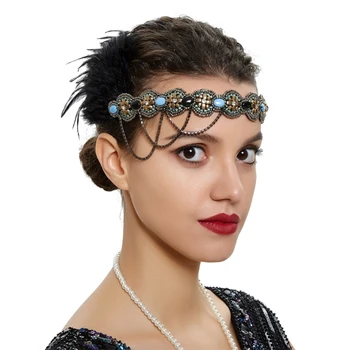 Артистична лента за коса с мъниста и пера за момичета, превръзка на главата за карнавал за Хелоуин