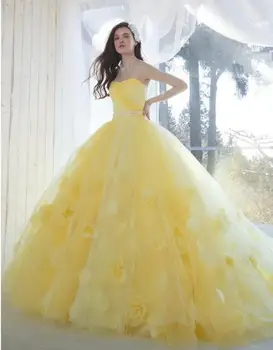 Бална рокля на принцеса, буйни рокли, Гъска Жълто Милото 15-лятна рокля без презрамки, с Флорални рокли за бала, по-големи размери на вечерни рокли