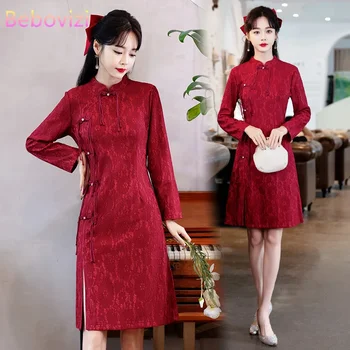 В есенно-зимната мода, елегантни и красиви жени, да се чувствате модерни рокли ципао, китайски традиционен сватбен червен Чонсам, китайски китайски китай