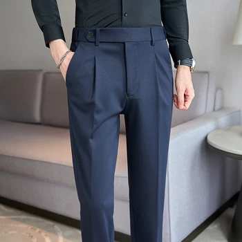Висококачествени мъжки костюмные панталони за мъже, монтиране на ежедневните бизнес панталони със средно висока талия, офис, светски, сватбени, за младоженеца