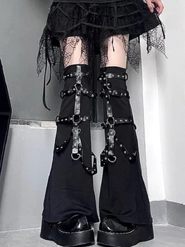 Готически Гръндж-пънк, изкуствена метален обтегач, разкроена черни чорапи-гети Harajuku Y2K, дамски ботуши до коляното, эстетичная градинска облекло в стил гръндж.