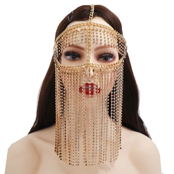 Дамски маскарадная маска с пискюли от изкуствена кристал, ръчно изработени, на завесата, верига за лице, с танц на корема, превръзка на главата за парти, бижута N7YD