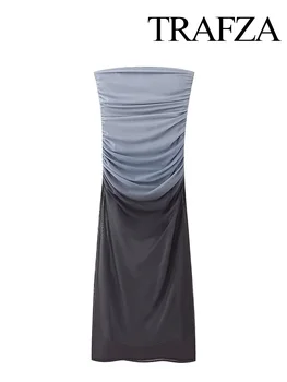 Дамски официални рокли TRAFZA Сив цвят с открити рамене, корсетное тюлевое рокля с рюшами, дебнещ дълга рокля с отворен гръб, женствена рокля midi
