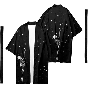 Дълга Жилетка-Кимоно с принтом на Небето и на Черепа с колан, японска двойка, Жени, мъже, Ежедневни азиатската облекло Harajuku