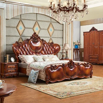 Европейски стил, масив, дърво, двойно легло 1,5, американската, френската естествена кожа, ретро мебели за главната спалня, принцеса 1,8, Сватбена легло