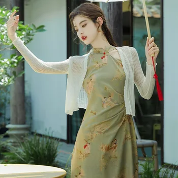 Елегантен ретро Чонсам без ръкави с яка-часова, секси тънък женски Дълъг Ципао, китайското рокля в традиционен стил, дамски рокли