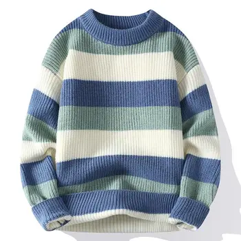 Елегантна мъжка мода Есен-Зима, британски стил, тънки тенденция на ивици, обикновен пуловер с кръгло деколте, пуловер, всекидневни трико