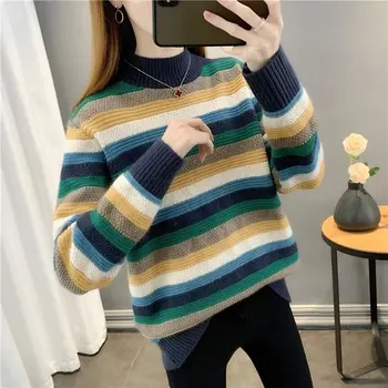 Есенно-зимния женски пуловер с полувысоким деколте, шарен пуловер, свободни дебели плетени блузи с подплата и дълги ръкави
