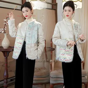 жаккардовая яке с китайското национално цвете 2024, източен пуховик с памучна подплата, костюм в стил ретро тан, подобрено утепленное топло палто