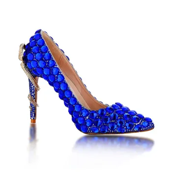Женски Кралски сини обувки-лодка с кристали и златни змеиным ток, дамски обувки-лодка на висок ток с кристали, сватбени и вечерни обувки-лодка с остри пръсти