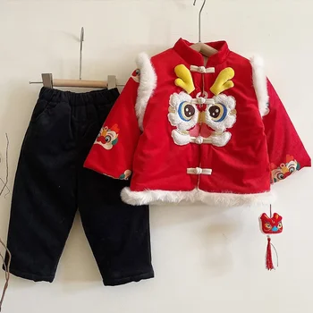 Зимни детски дрехи 2024 година за момчета, китайска коледна детски Цифров бродерия дракон, чанти висулка, детски костюм Red Tang за деца