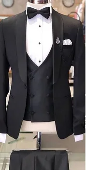 Изработена По поръчка Черен Мъжки костюм Slim Fit Годеник на Бала Нощ Блейзър Костюм За Сватбата Homme Мъжки Смокинг 3шт (Яке + Панталон + Елек)