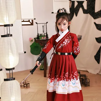 Китайски стил с бродерия на червения шаран Hanfu, рокля за момичета, костюм Тан, костюм на древна принцеса за деца