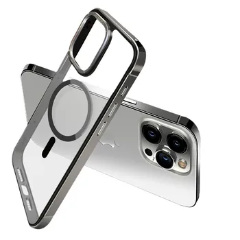 Метална рамка Магнитен калъф за iphone 15 Pro Max magsafe Броня от неръждаема стомана и алуминий Прозрачни калъфи Fundas 14 pro Max