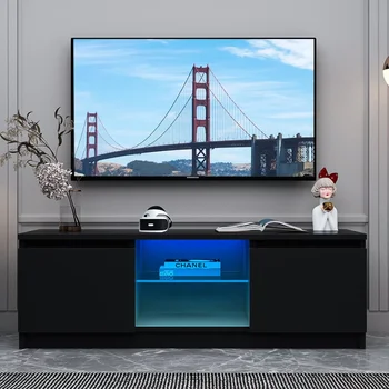 Модерна поставка за телевизор BOUSSAC с led подсветка, дървени телевизор до 55 инча, черна