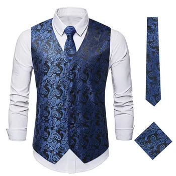 Мъжки жилетки Жаккардовый жилетка, Вратовръзка-носна кърпа, комплект копчета за ръкавели за мъже, с костюм, сако без ръкави, Жилетки за смокинг за сватбени бизнес партита