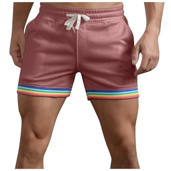 Мъжки къси панталони Модерен мъжки панталони за културизъм и фитнес в Голям размер, Ежедневни мъжки ежедневни панталони на райета Rainbow Pride Спортни шорти на открито