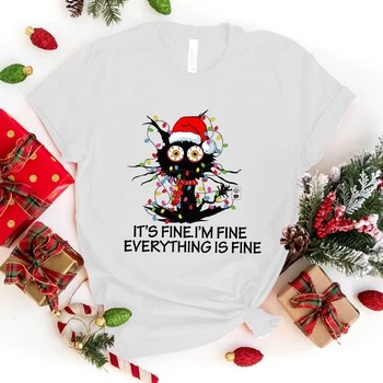 Нова мода Коледна тениска с изображение на Котка It 'S Fine, I' M Fine Everything Is Fine, модни и ежедневни тениска с къс ръкав унисекс