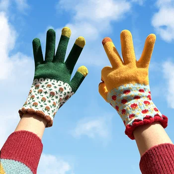 Нови ръкавици за зимния топлина и скъп зимни плетени дамски плюшени колоездене, ветроупорен възли ръкавици за сензорен екран