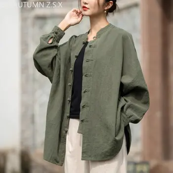 Пролет 2023, памук, коноп, в китайски стил, женски дълга жилетка с катарама за почивка, женски свободно ленено палто в стил ретро костюм Тан