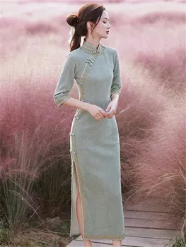 Пролетно-лятна рокля Чонсам В новия китайски стил С яка-ботуш и пятиточечным намаляване на ръкавите, тънък дамски дрехи M267