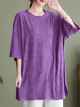 Ретро женски летен топ 2023 г., без всекидневни универсален обикновен пуловер с прерязано и къси ръкави, Однотонная удобна тениска