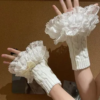Ръкавици свързани с лък в стил Лолита, зимни топли възли къси ръкавици, подвижни маншети с изкуствени ръкав, детски топло за краката